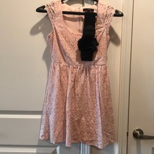 Pink floral lace dress with black flower belt